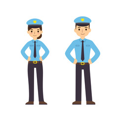 Two young police officers, man and woman, in cute flat cartoon style. Isolated on white background.