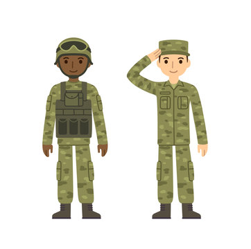 Two young soldiers, caucasian and african american, in two kinds of camouflage combat uniform. Cute flat cartoon style. Isolated on white background.