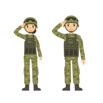 Two young soldiers, man and woman, in camouflage combat uniform saluting. Cute flat cartoon style. Isolated on white background.