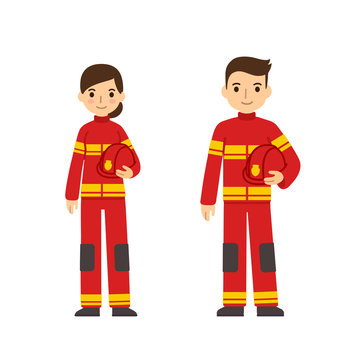 Two young firefighters, man and woman, in cute flat cartoon style. Isolated on white background.