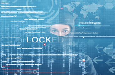 hacker at work with graphic user interface around