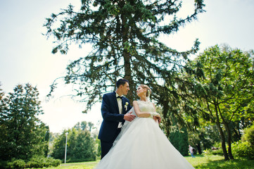exciting elegant wedding couple walking at park in love