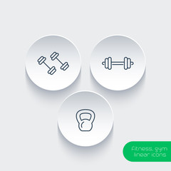 fitness, gym, line icons with barbells, kettlebell, vector illustration, eps10, easy to edit