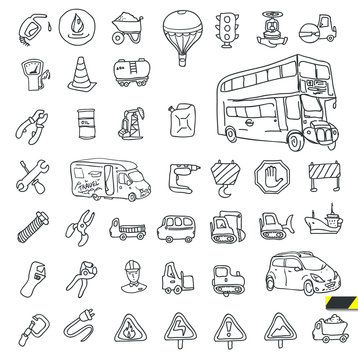 Transport icon with reflection: Cars, Ships, Trains, ..., vector illustrations, set silhouettes isolated on white background.
