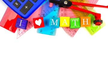 I HEART MATH toy blocks with a math-themed school supplies top border over white