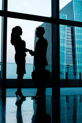 Silhouettes of backlit business people handshake
