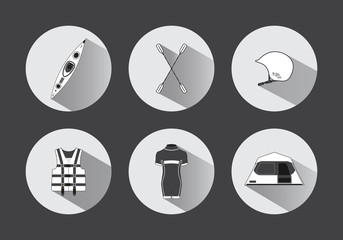 Flat rafting icons in black and white with long shadows