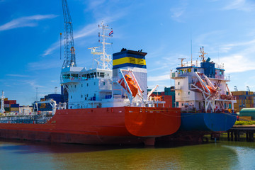 Large container vessels with escape capsules in Port of Rotterdam