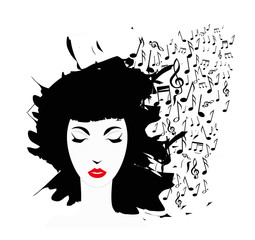 viso di donna e note musicali