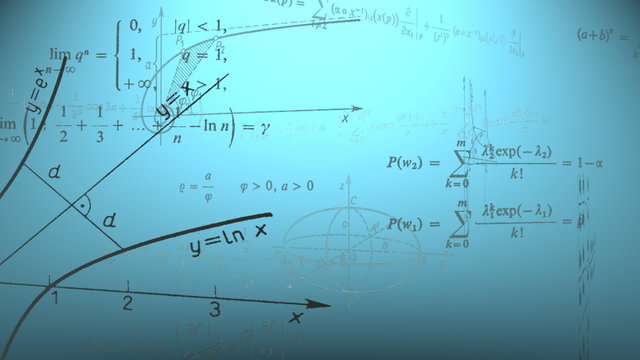 Flying mathematical formulas and graphs. Loopable animation. 