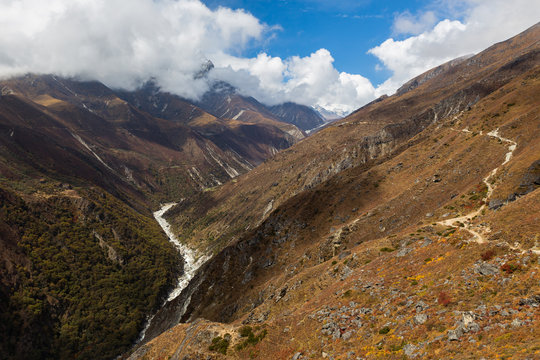 Mountain river canyon ravine stream, Nepal.