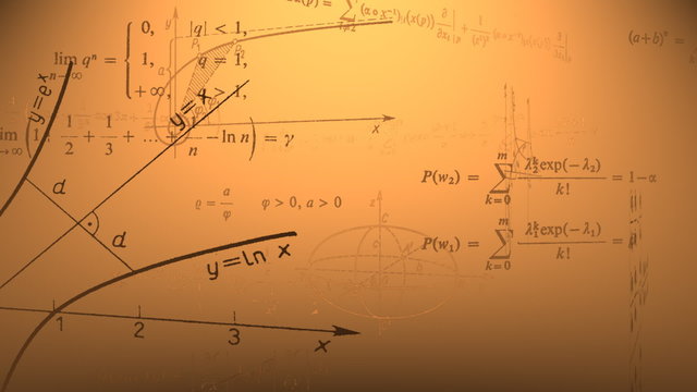 Flying mathematical formulas and graphs. Loopable animation. 