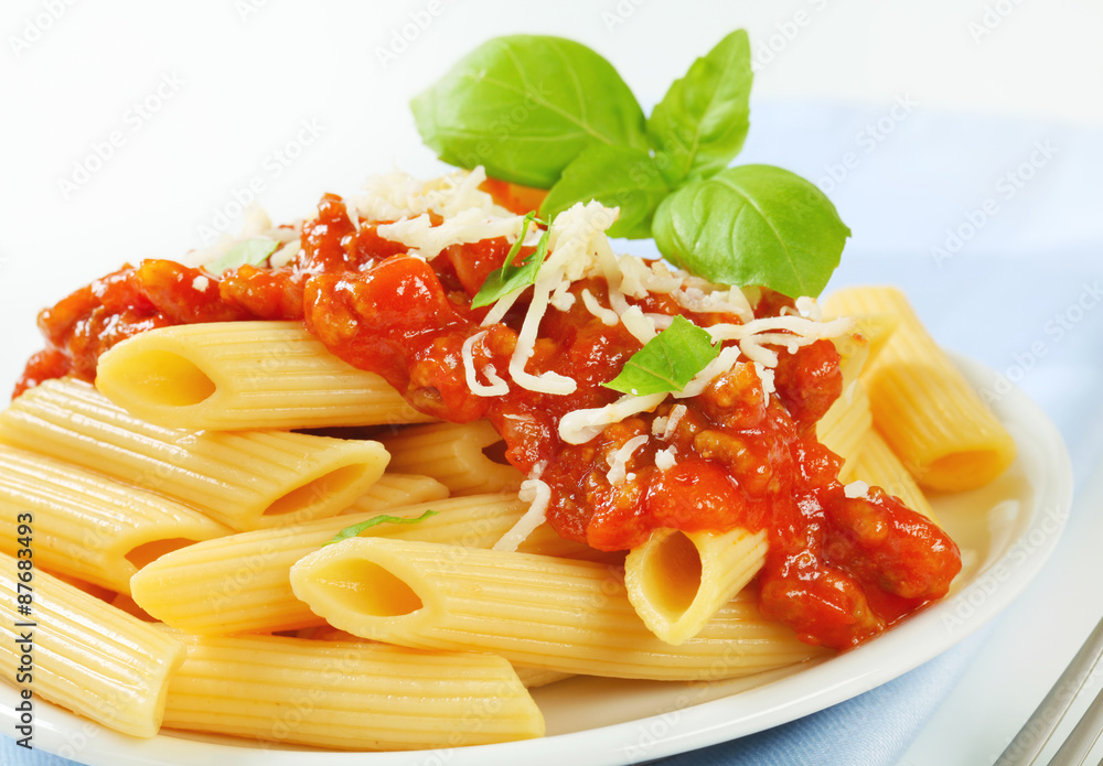 Poster penne with meat tomato sauce