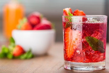 Drink, ice, fruit.