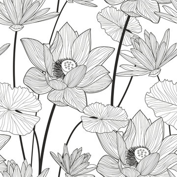 Vector seamless pattern with beautiful lotus flower. Black and w