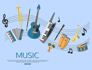 Music background with music instruments. Flat style design. 