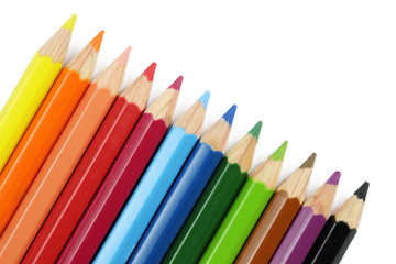close up of colored pencils isolated on white background