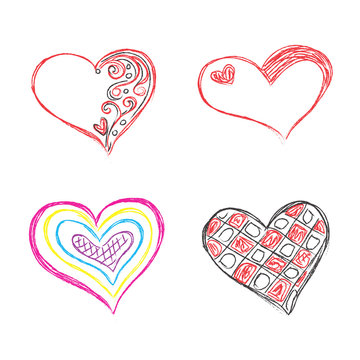 hearts, set, hand, drawn, sketch, vector, illustration 