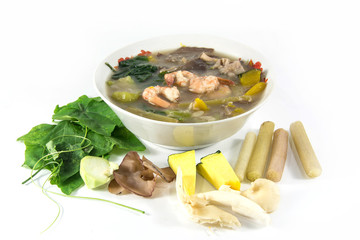 Thai Spicy Mixed Vegetable Soup with shrimp, (Kang Liang Goong Sod)