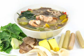 Thai Spicy Mixed Vegetable Soup with shrimp, (Kang Liang Goong Sod)