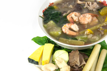 Thai Spicy Mixed Vegetable Soup with shrimp, (Kang Liang Goong Sod)