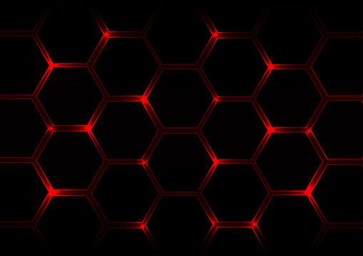Abstract  dark red  background with hexagons and red light