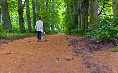 woman with beagle walking in the park