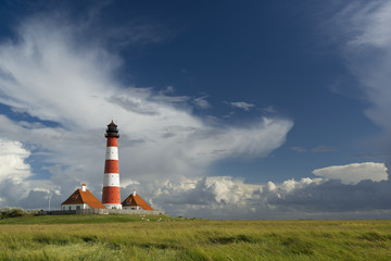 scenic landscape with famous Westerhever lighthouse at North Sea coast, Schleswig-Holstein,...