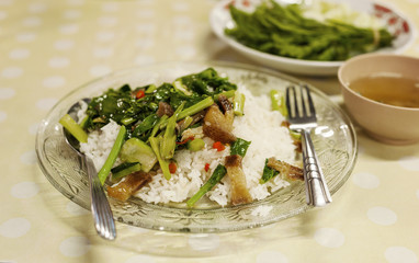 Fried kale with crispy pork