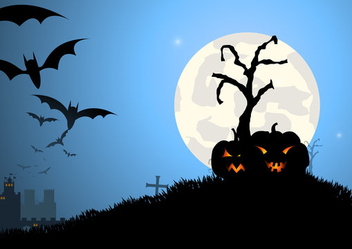 Vector : Bat trees and pumpkin halloween background