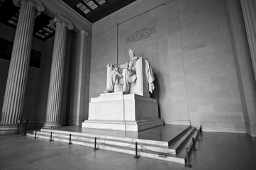 Statue of Abraham Lincoln at Lincoln Memorial in black and white, Washington DC, District of...