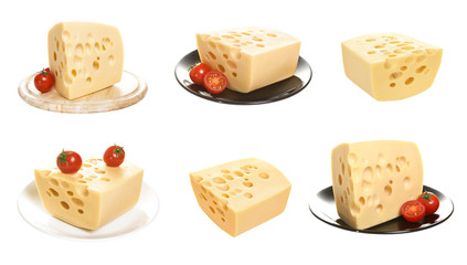 Cheese isolated on a white background. Emmentaller set on a white background. Set cheese isolated on a white background. Cheese for packaging. Cheese with holes isolated on a white background. © xamtiw