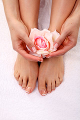 Beautiful feet with perfect spa french nail pedicure