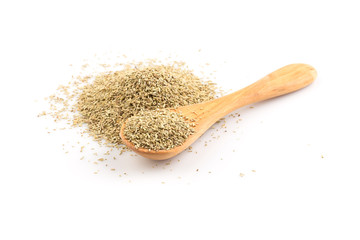 Dried rosemary leaves in wooden spoon