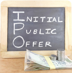 Initial public offer, IPO concept with handwritten text on chalkboard.
