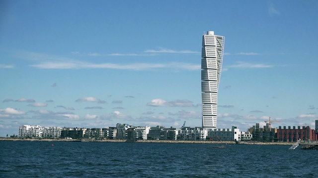 Malmo West Harbor Oresund Area Cityscape with Turning Torso as Distinctive Landmark of this Swedish Town and with its 190 m is the Largest Building in Sweden