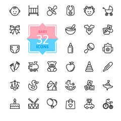Outline web icon set. Baby toys, feeding and care