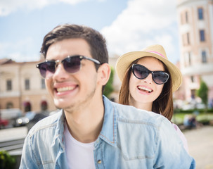 Young couple on scooter