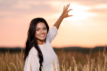 Free Happy Woman Enjoying Nature and Freedom. Beauty Girl Outdoo