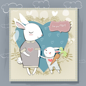 cute hares. card for the Mothers day