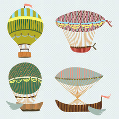Beautiful retro colorful  background with set of flying balloons and airships. Cartoon fantasy vector illustration. Can be used for wallpapers, pattern fills, web page backgrounds,surface textures.