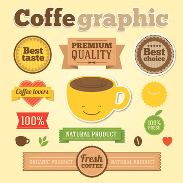 Coffee info graphic design element. Coffee vintage labels. Collection of old school ribbons, labels,stamps