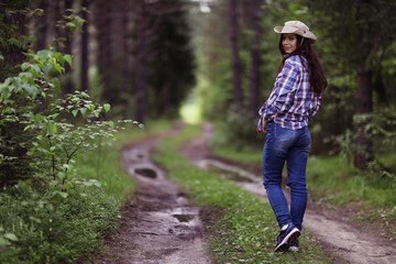 Obraz premium running girl forester in nature