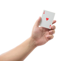 Playing cards in hand isolated on white background