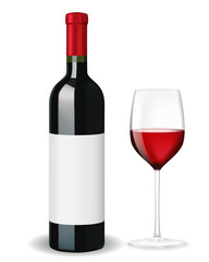 Bottle of red wine with glass and blank lable