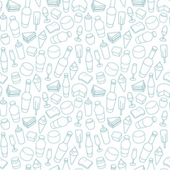 Blue food line icon seamless pattern. 