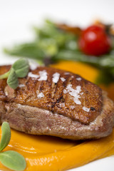Rose duck breast with sweet potato puree and blanched green beans