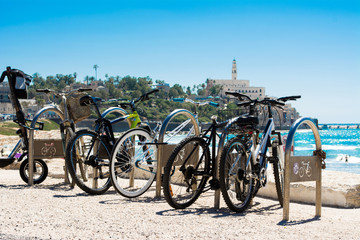 Bicycles in Tel Aviv against the backdrop of Jaffa
