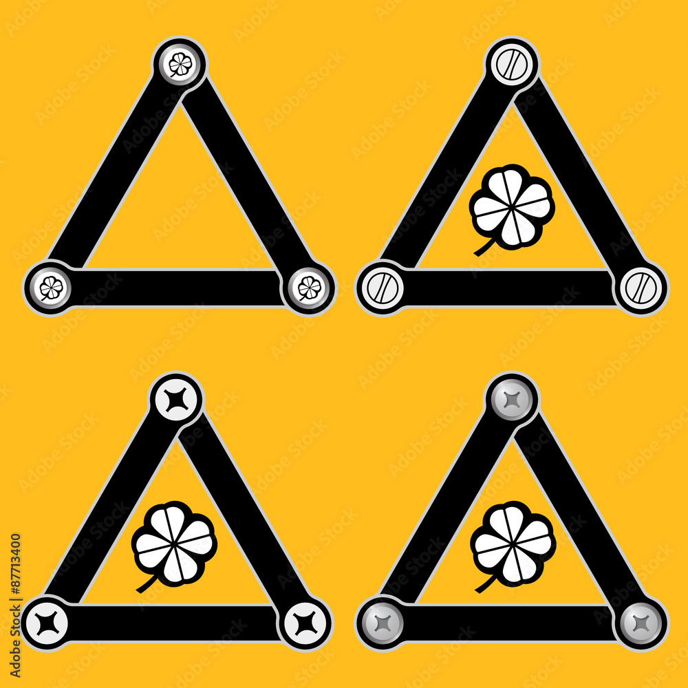 Poster set of four flat simple triangles with screws and cloverleaf