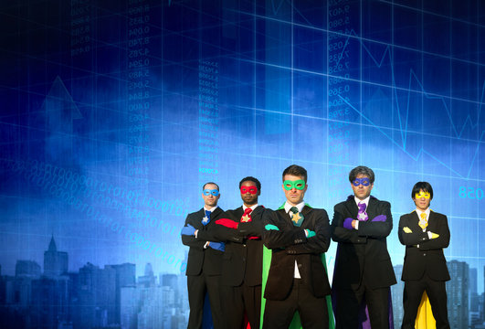 Superhero Business People Strength Cityscape Stock Exchange Conc